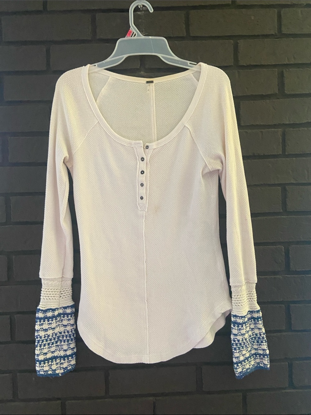 Free People Light Pink Henley Top with Blue Patterned Cuffs